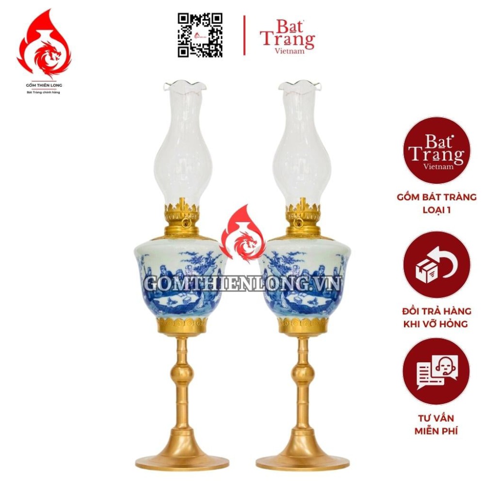 Đèn Dầu Thờ Bát Tràng Dáng Tống Men Lam Vẽ Trúc Lâm Thất Hiền 230186