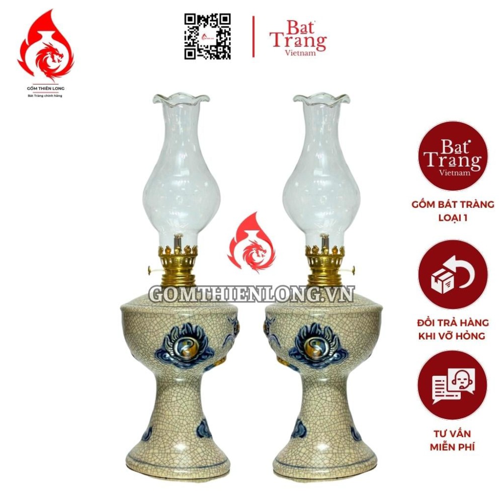 Đèn Dầu Thờ Bát Tràng Men Rạn Đắp Nổi Long Chầu Nguyệt 230138