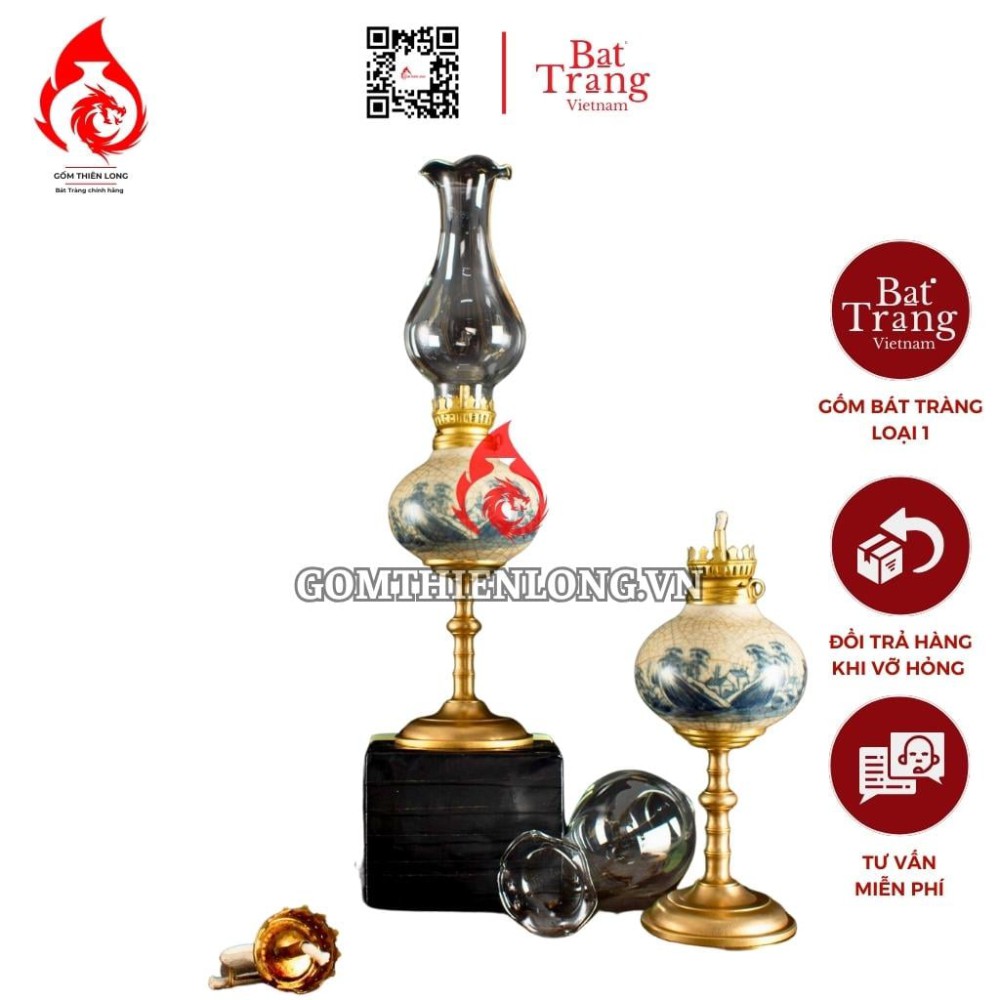 Đèn Dầu Thờ Bát Tràng Men Rạn Dáng Củ Tỏi Vẽ Sơn Thủy 230207