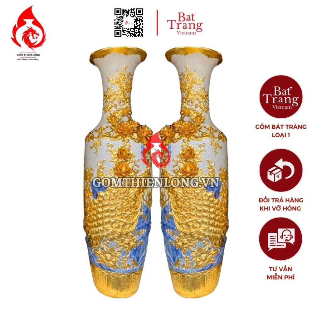 Lộc Bình Bát Tràng Dát Vàng Công Hoa Phú Quý Đắp Nổi 230128