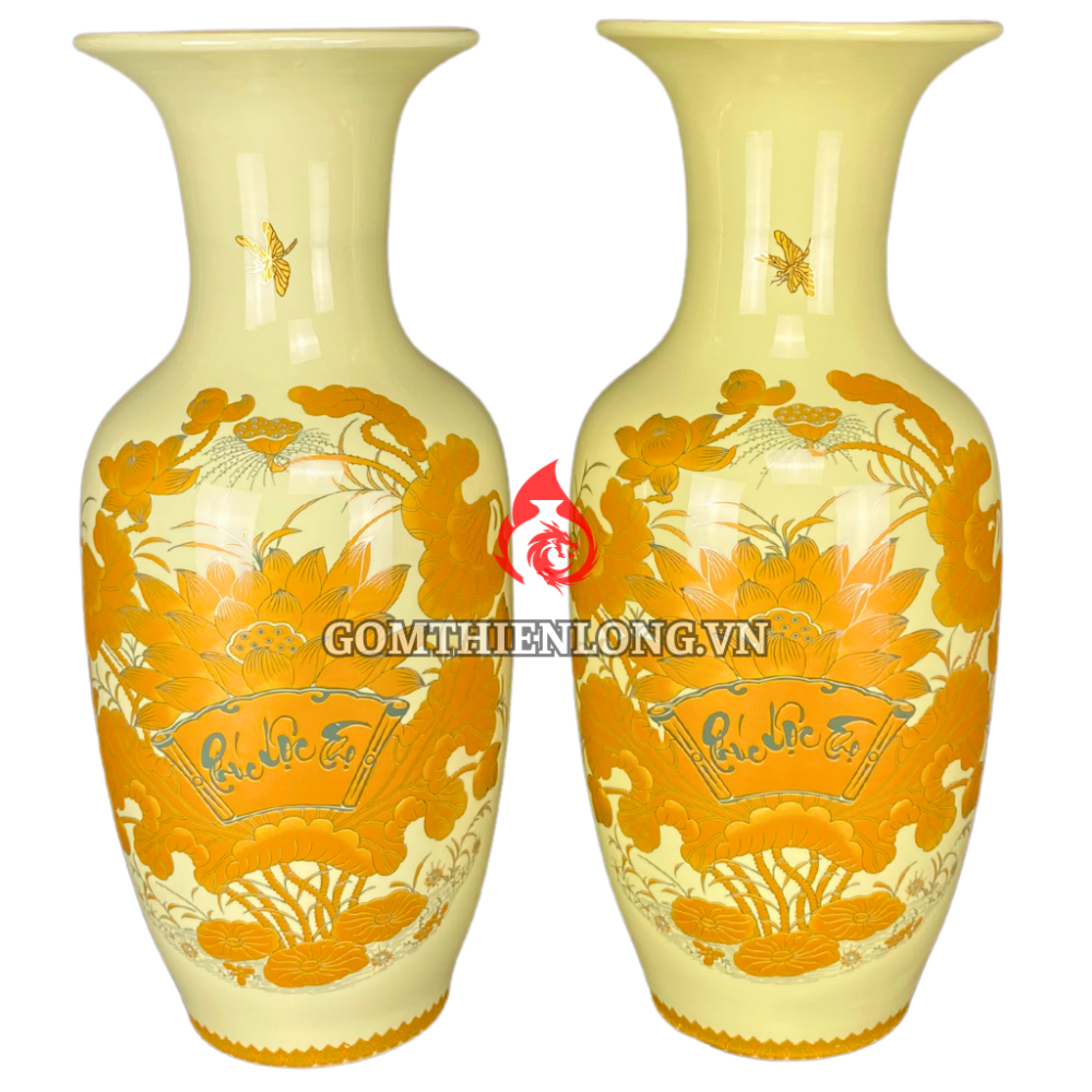 Lộc Bình Bát Tràng Men Vàng Sen Phúc Lộc Thọ 231001