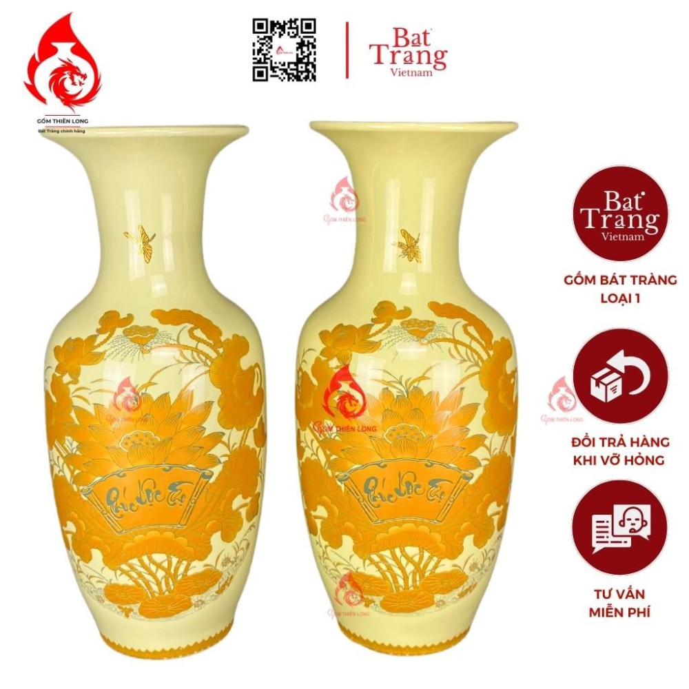 Lộc Bình Bát Tràng Men Vàng Sen Phúc Lộc Thọ 231001