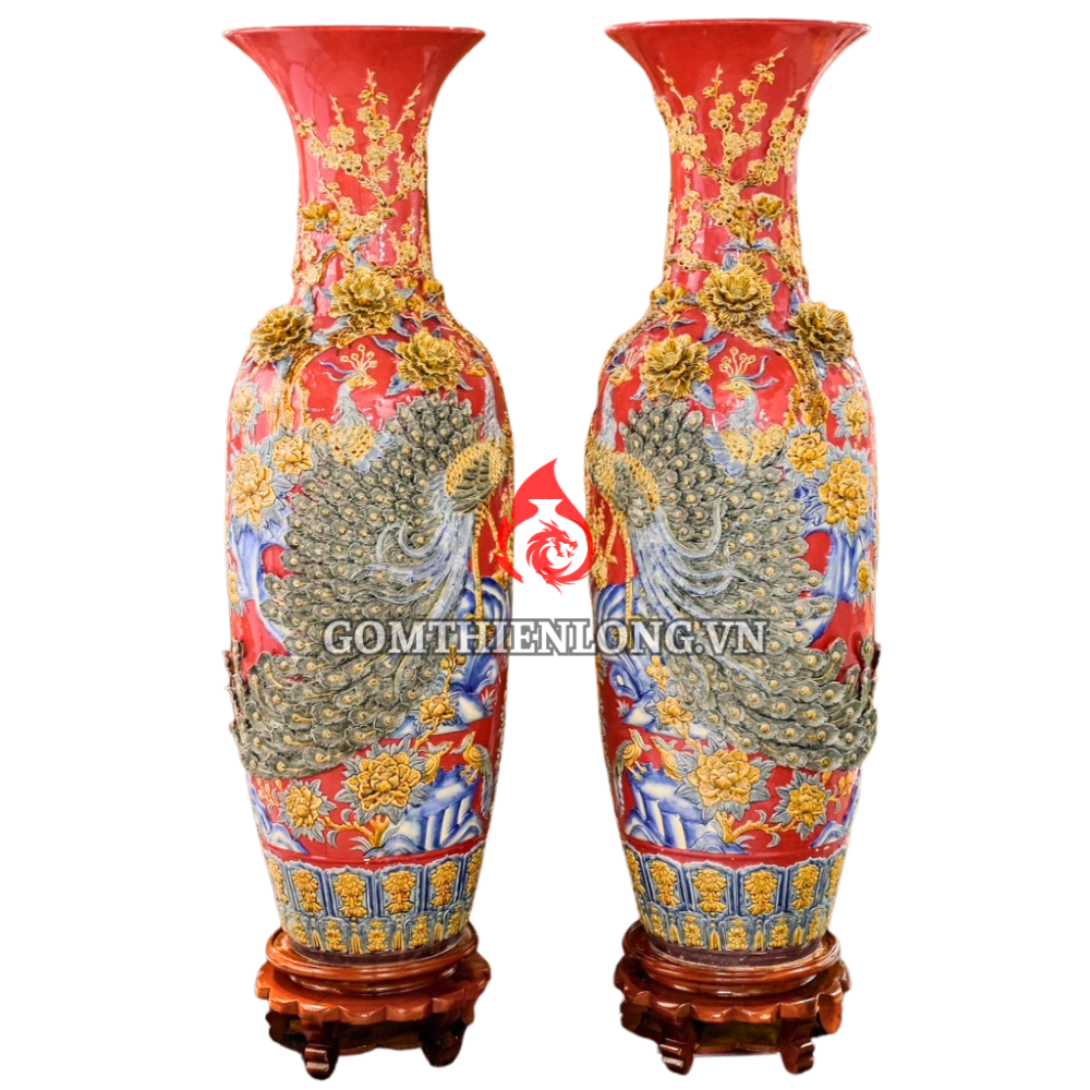 Lộc Bình Bát Tràng Màu Đỏ Công Hoa Phú Quý 230119