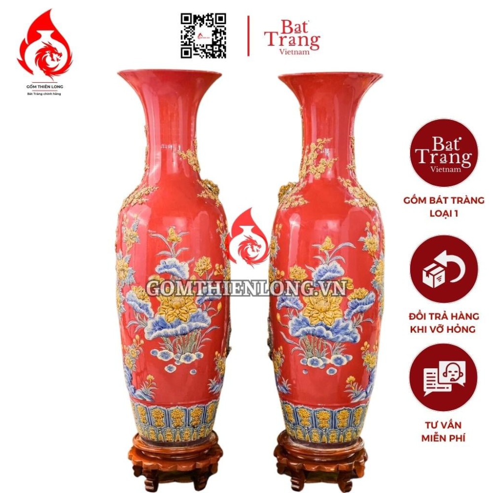 Lộc Bình Bát Tràng Màu Đỏ Công Hoa Phú Quý 230119