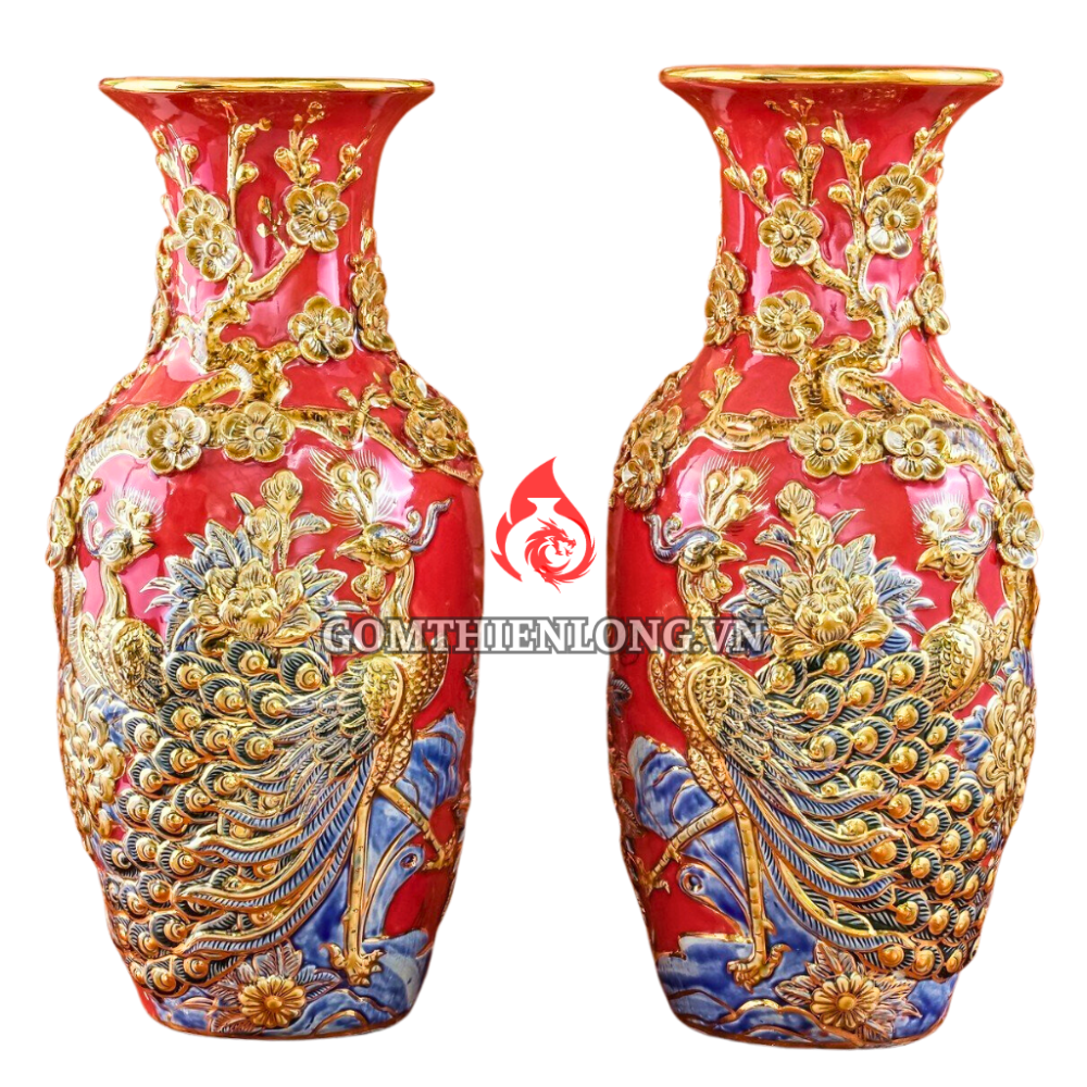 Lộc Bình Bát Tràng Men Đỏ Vẽ Vàng Công Đào 230971