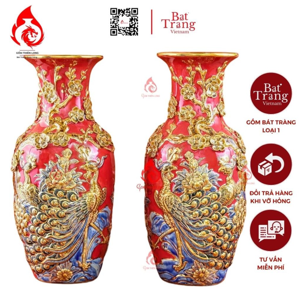 Lộc Bình Bát Tràng Men Đỏ Vẽ Vàng Công Đào 230971