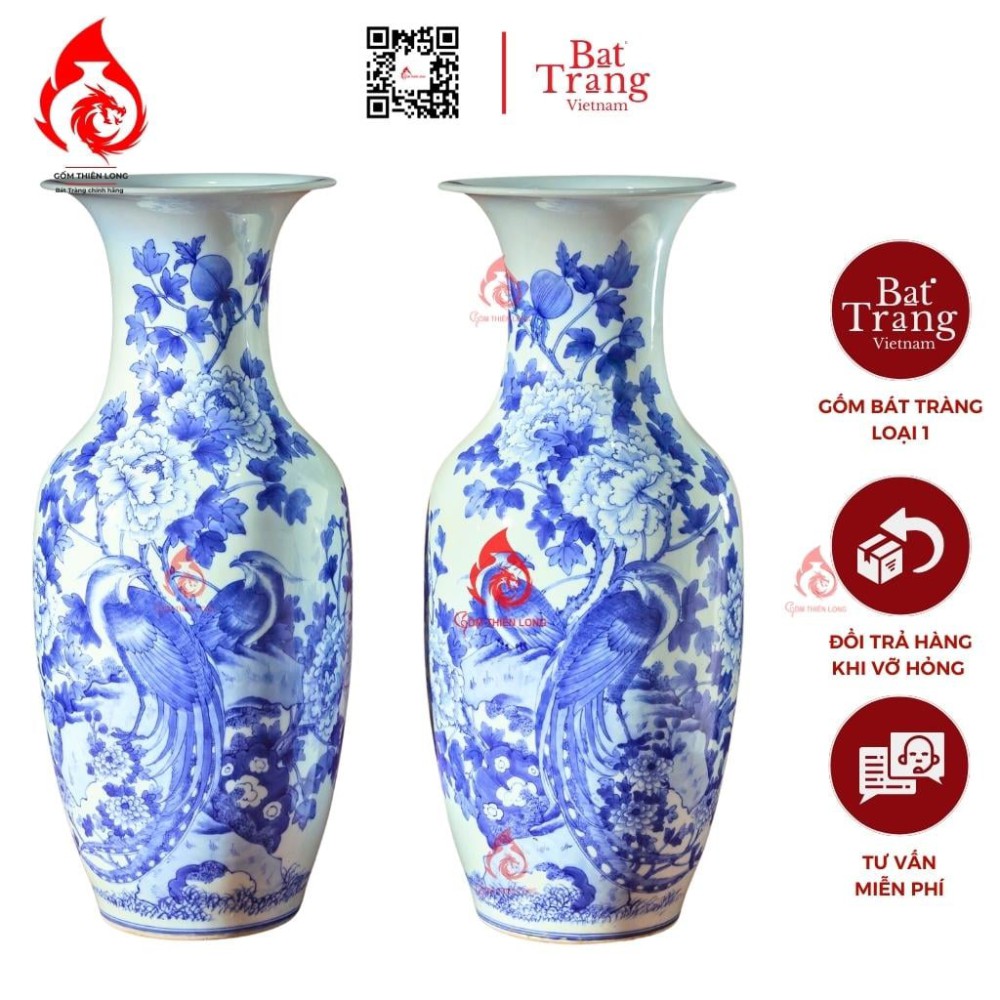 Lộc Bình Bát Tràng Men Lam Phù Dung Chim Trĩ 230976