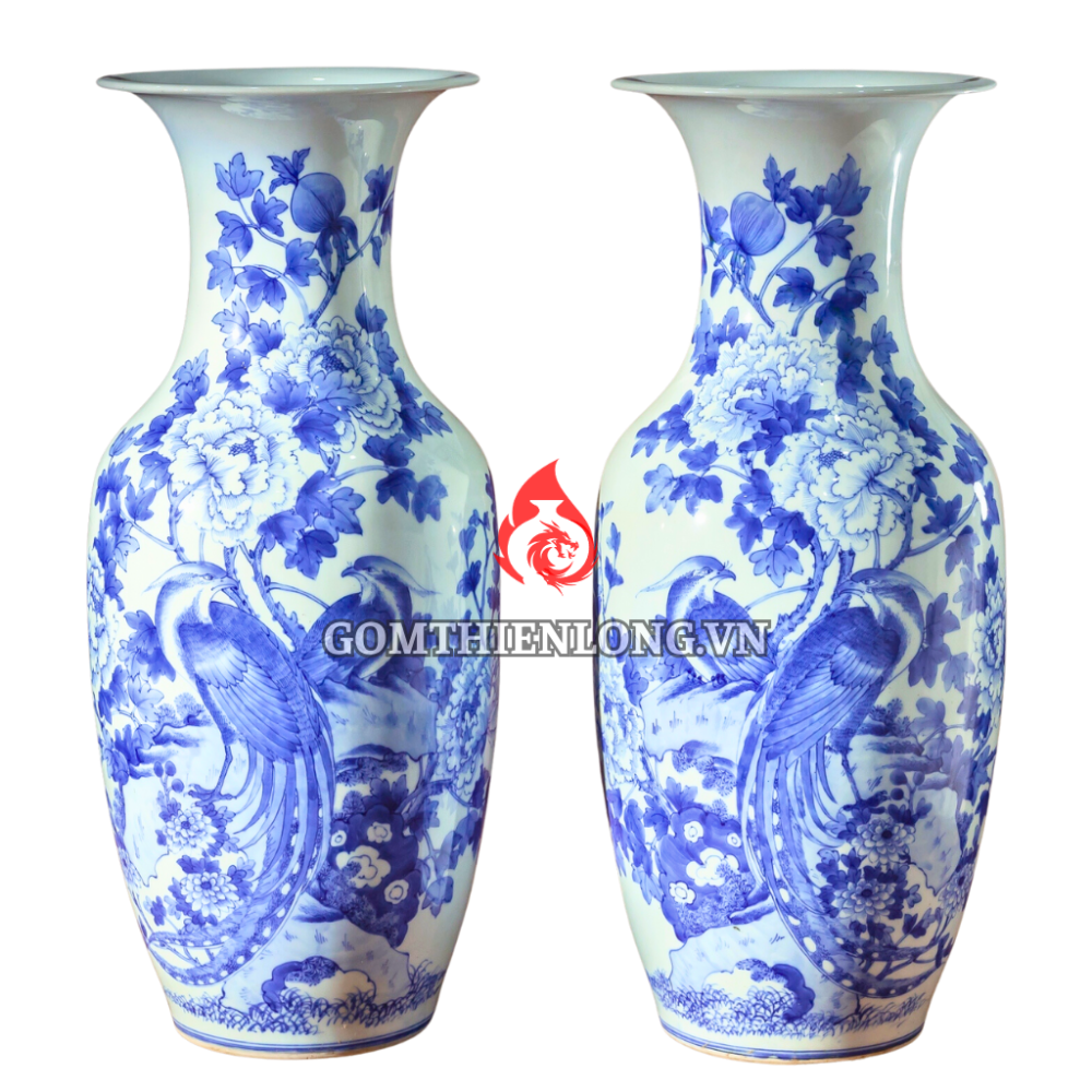 Lộc Bình Bát Tràng Men Lam Phù Dung Chim Trĩ 230976