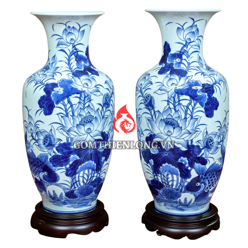 Lộc Bình Bát Tràng Men Lam Ngọc Vẽ Sen Cá 230944