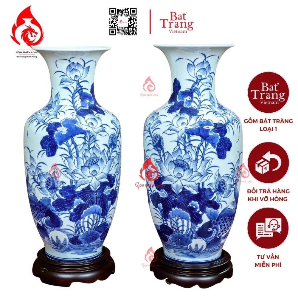 Lộc Bình Bát Tràng Men Lam Ngọc Vẽ Sen Cá 230944