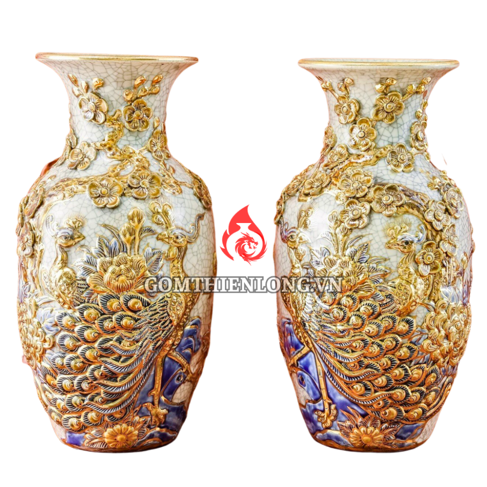 Lộc Bình Men Rạn Bát Tràng Vẽ Vàng Công Đào 230974