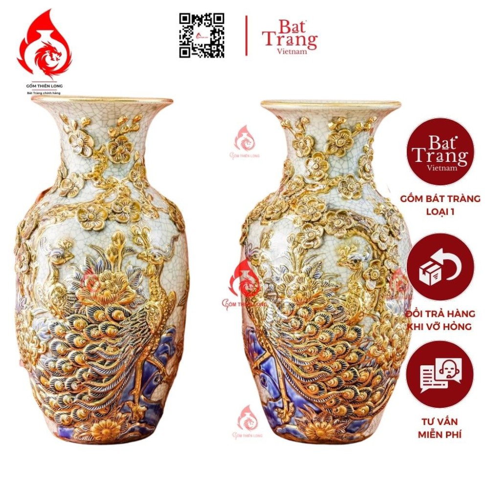 Lộc Bình Men Rạn Bát Tràng Vẽ Vàng Công Đào 230974