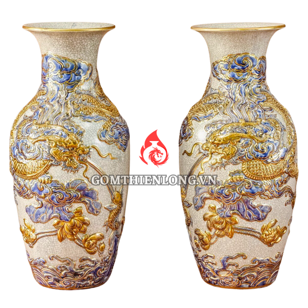 Lộc Bình Men Rạn Bát Tràng Vẽ Vàng Long Cuốn Thủy 230970