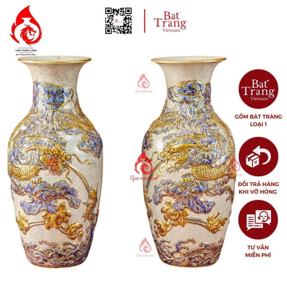 Lộc Bình Men Rạn Bát Tràng Vẽ Vàng Long Cuốn Thủy 230970