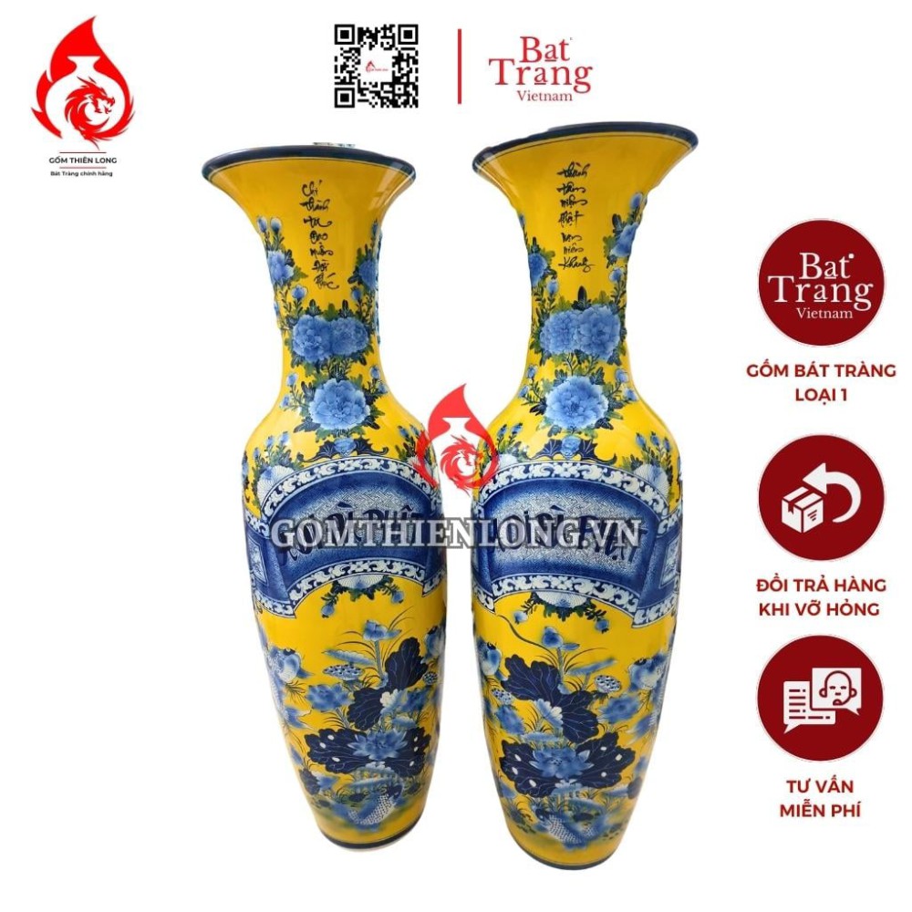 Lộc Bình Bát Tràng Cá Chép Hoa Sen Màu Vàng 230114