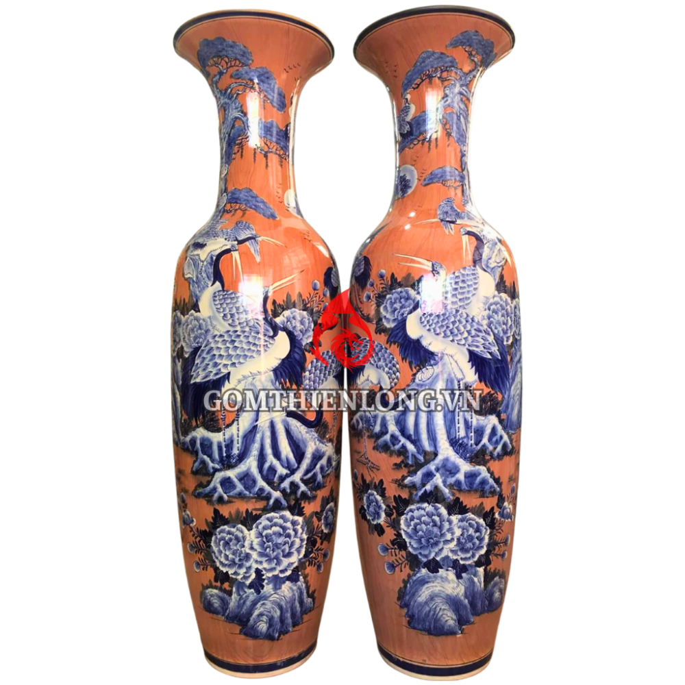 Lộc Bình Bát Tràng Tùng Hạc Nền Cam 230113