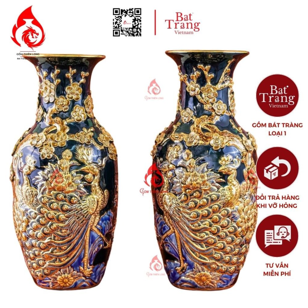 Lộc Bình Bát Tràng Men Xanh Coban Vẽ Vàng Công Đào 230972