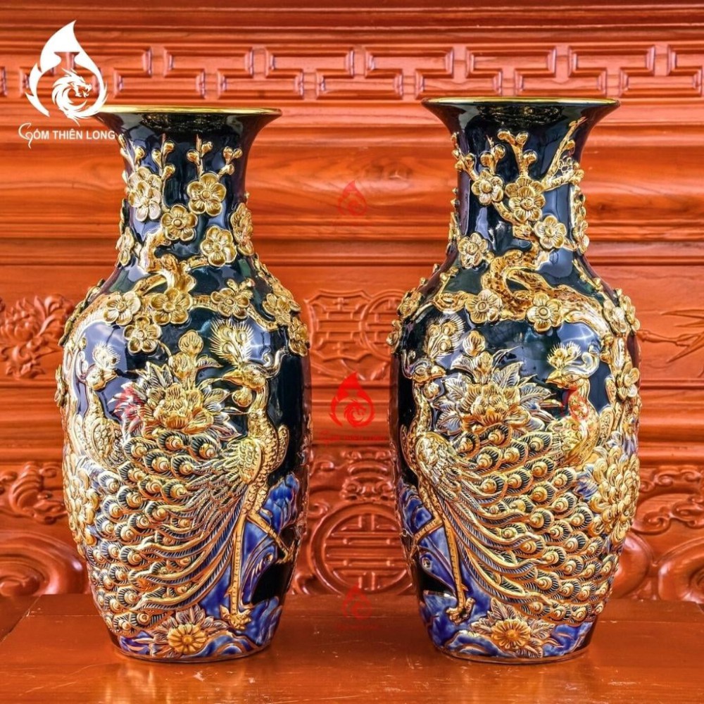 Lộc Bình Bát Tràng Men Xanh Coban Vẽ Vàng Công Đào 230972