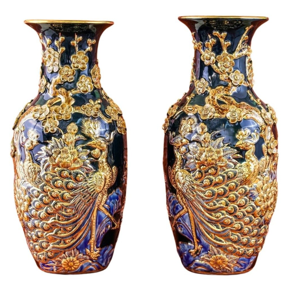 Lộc Bình Bát Tràng Men Xanh Coban Vẽ Vàng Công Đào 230972