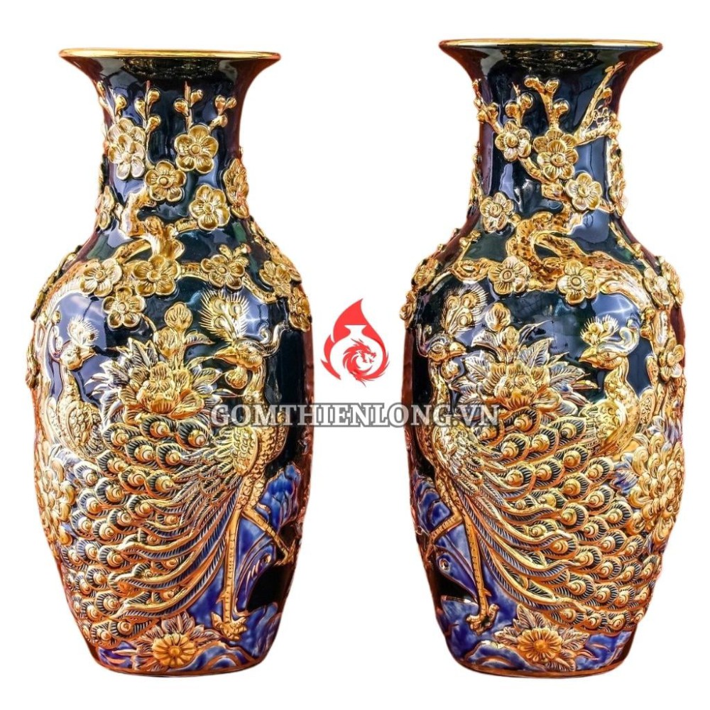 Lộc Bình Bát Tràng Men Xanh Coban Vẽ Vàng Công Đào 230972