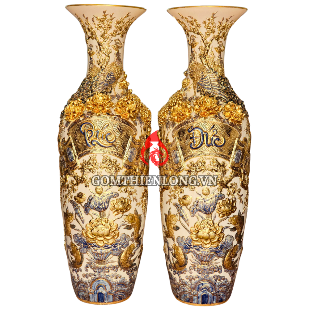 Lộc Bình Bát Tràng Vẽ Vàng Đắp Nổi Phúc Đức 230124