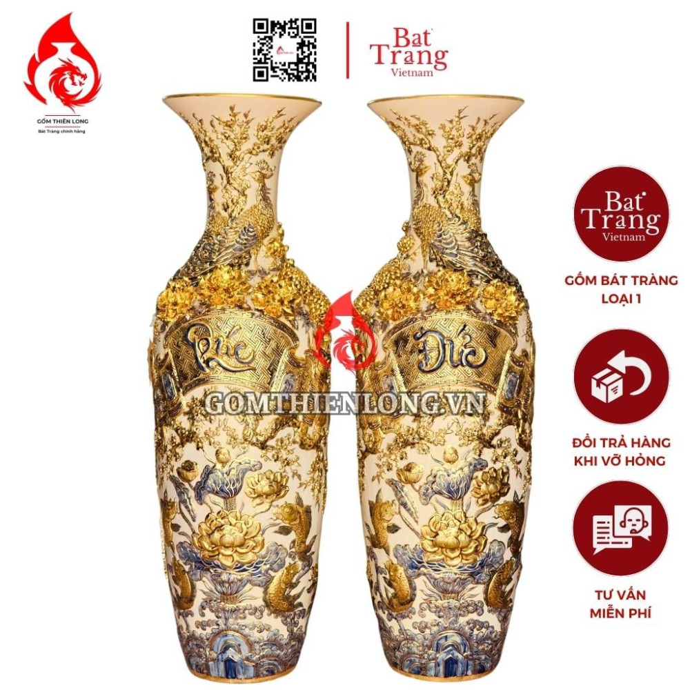Lộc Bình Bát Tràng Vẽ Vàng Đắp Nổi Phúc Đức 230124