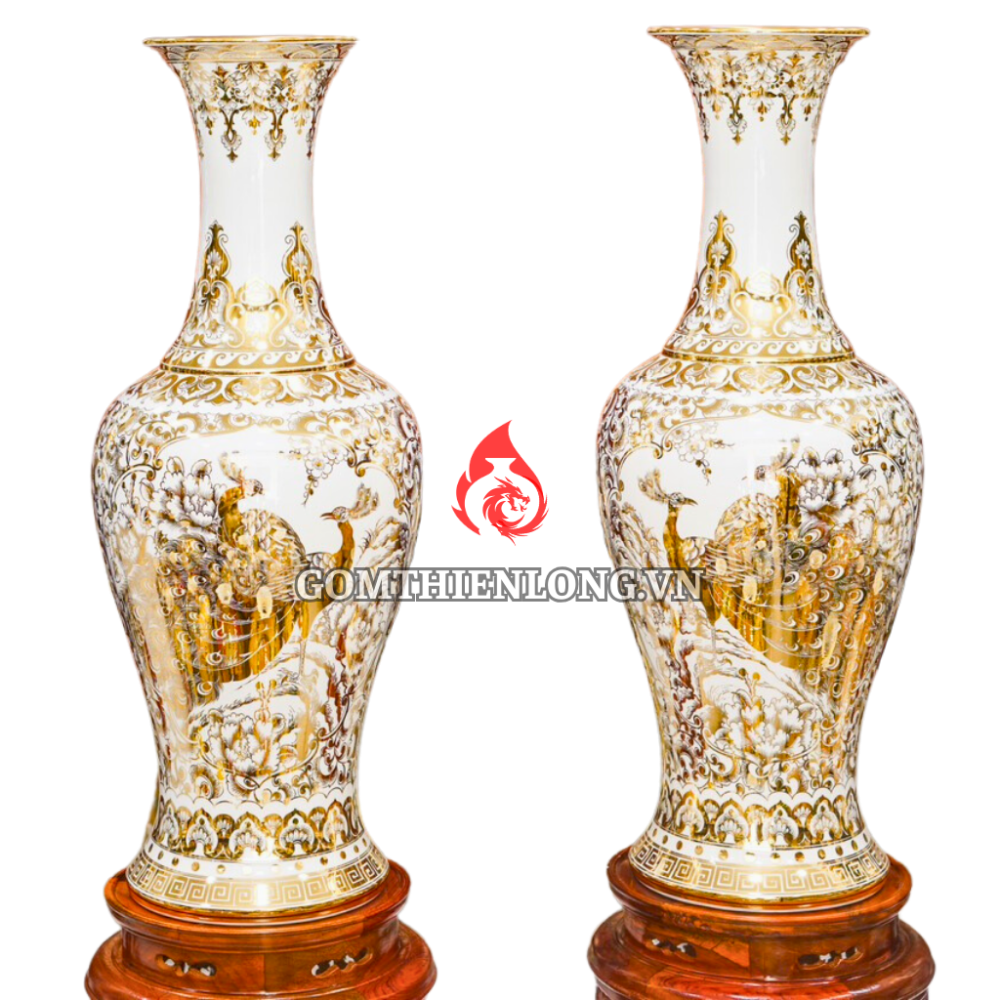 Lộc Bình Bát Tràng Vẽ Vàng Hoàng Kim Nhị Cảnh 230130