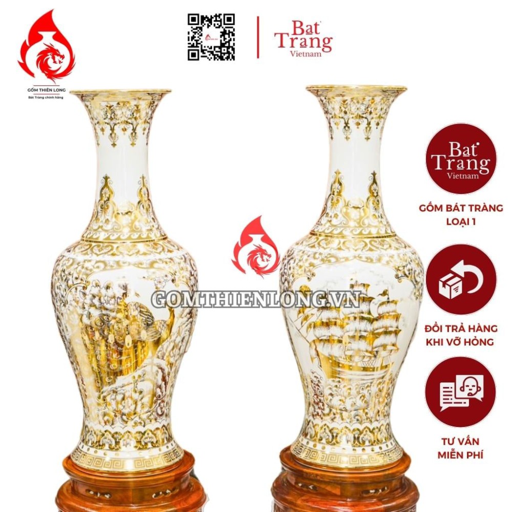 Lộc Bình Bát Tràng Vẽ Vàng Hoàng Kim Nhị Cảnh 230130