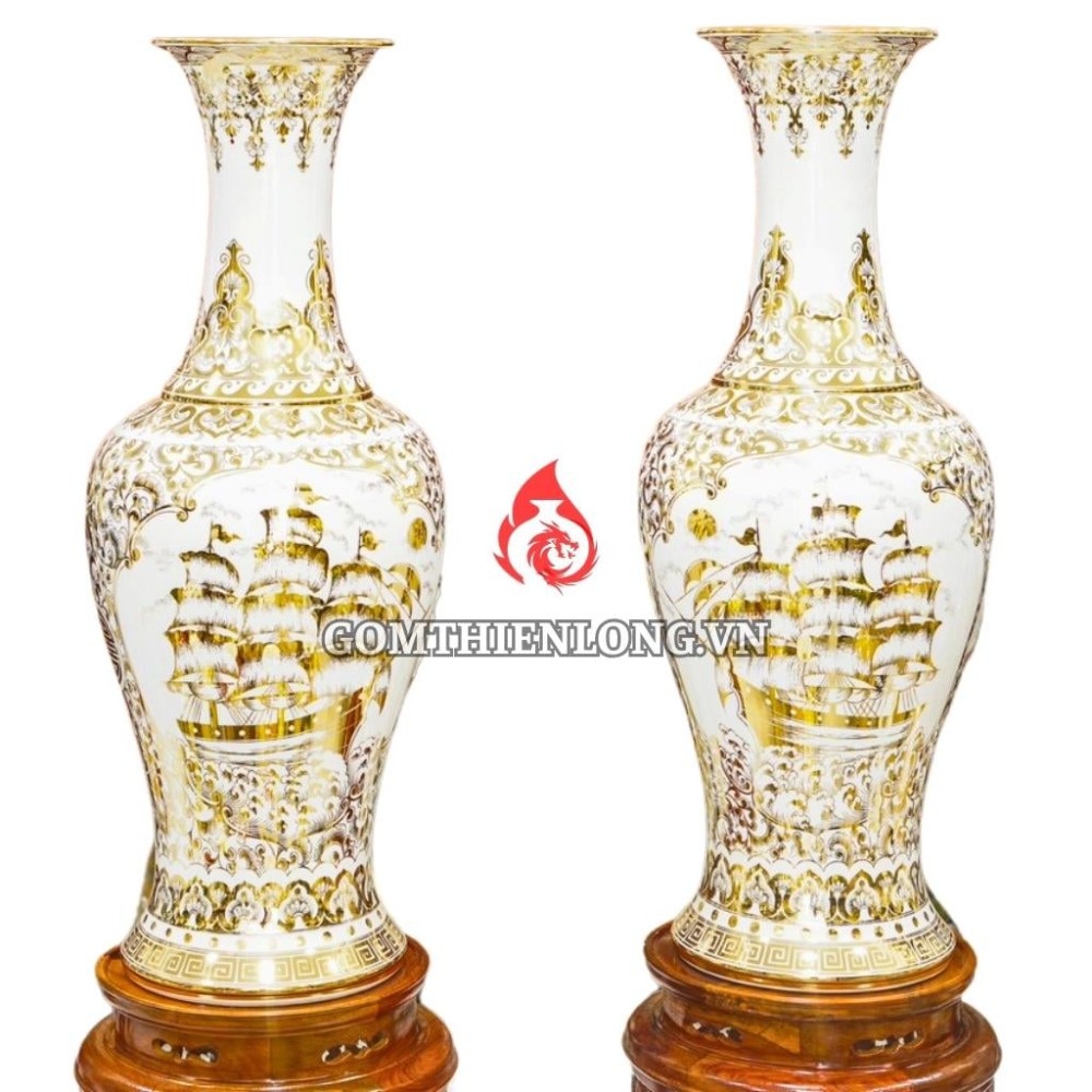 Lộc Bình Bát Tràng Vẽ Vàng Hoàng Kim Nhị Cảnh 230130