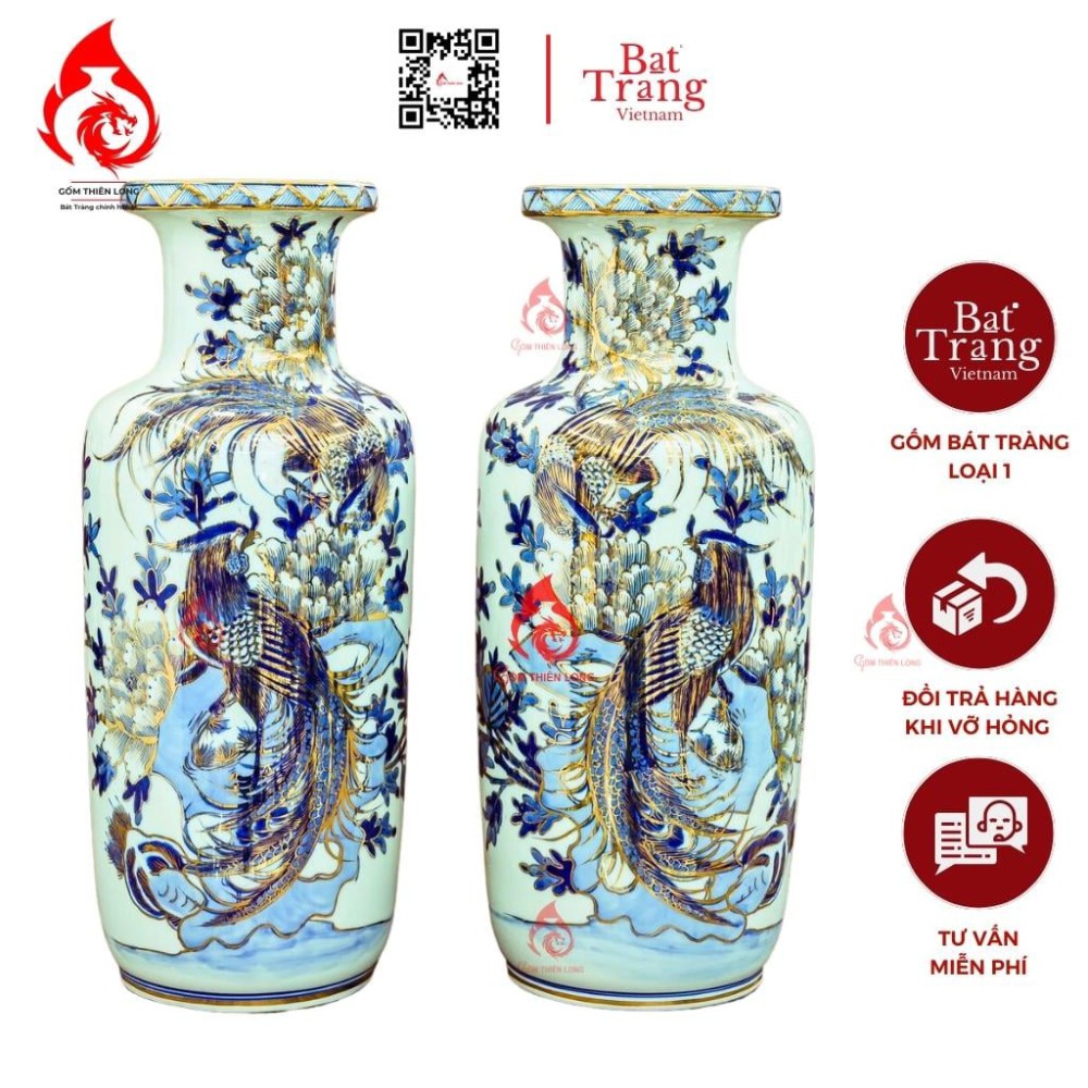 Lộc Bình Bát Tràng Vẽ Vàng Phù Dung Chim Trĩ 230988