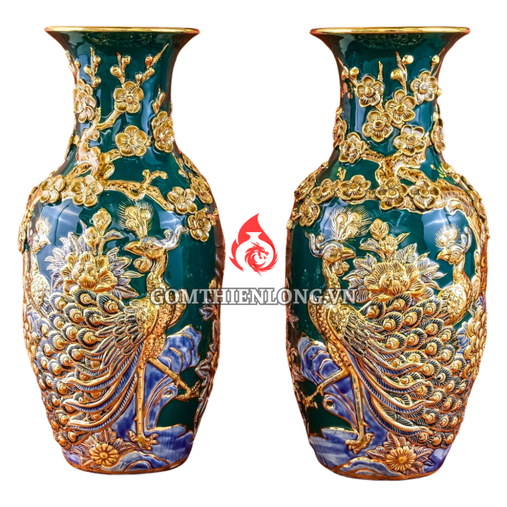 Lộc Bình Bát Tràng Men Xanh Lục Bảo Vẽ Vàng Công Đào 230973
