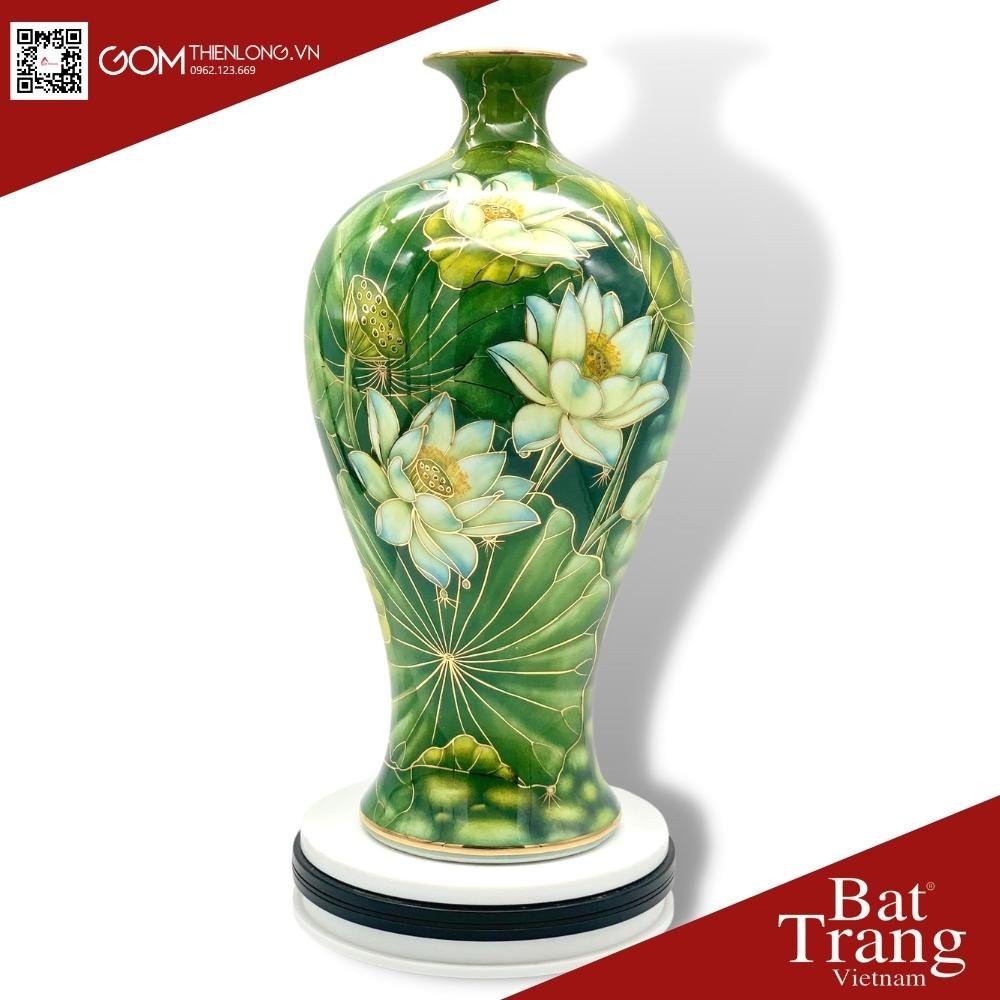 Mai Bình Tài Lộc 3D Sen Cá Vẽ Vàng Nền Xanh