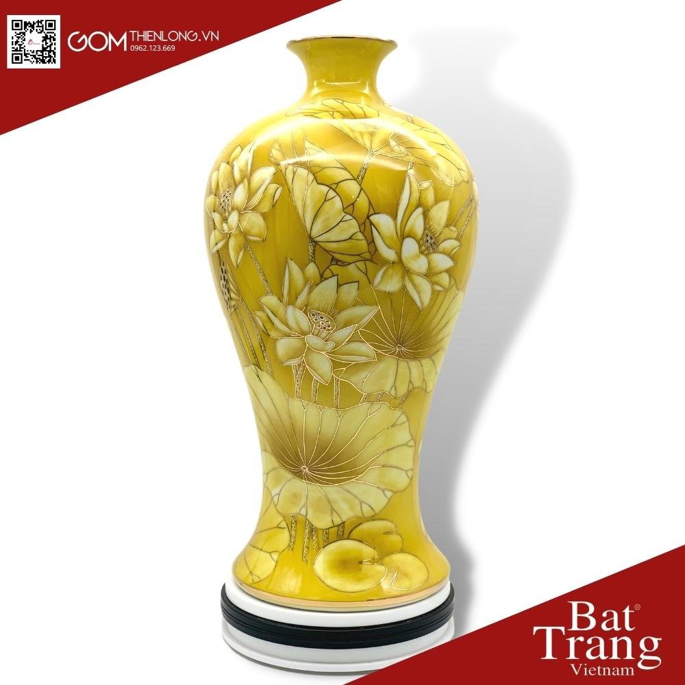 Mai Bình Tài Lộc 3D Sen Cá Vẽ Vàng Nền Vàng