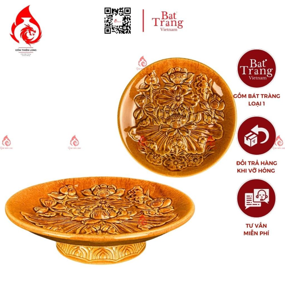 Mâm Bồng Sứ Men Hoàng Thổ Đắp Sen 230885S