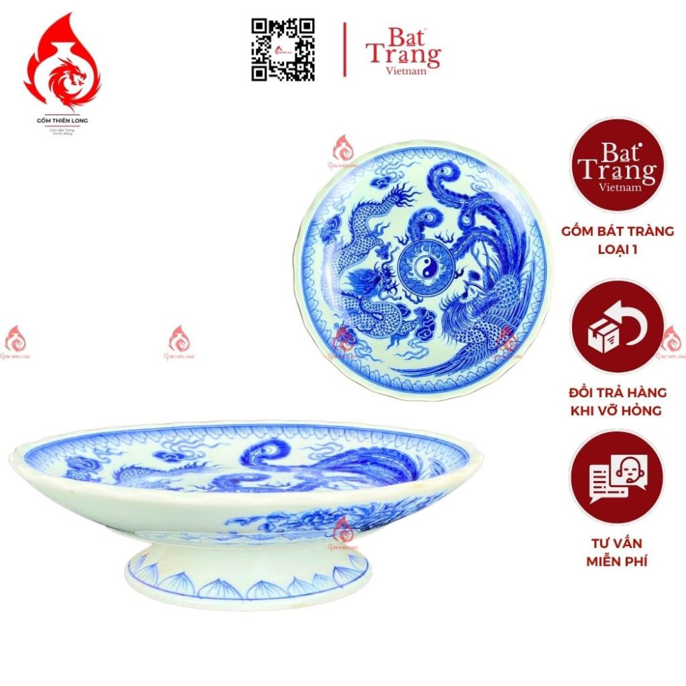Mâm Bồng Sứ Men Lam Vẽ Rồng Phượng 230880