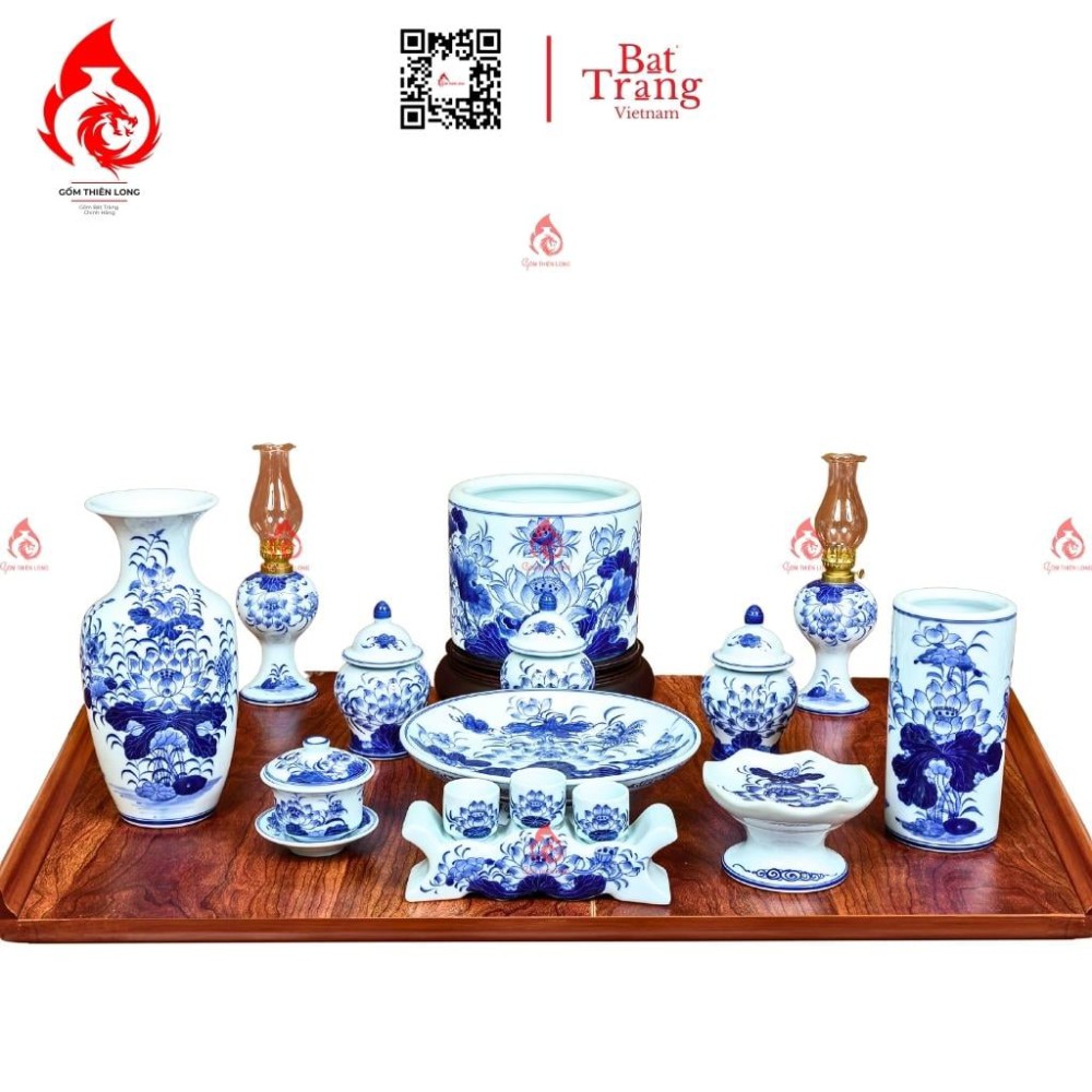 Mâm Bồng Sứ Men Lam Vẽ Sen 230874S