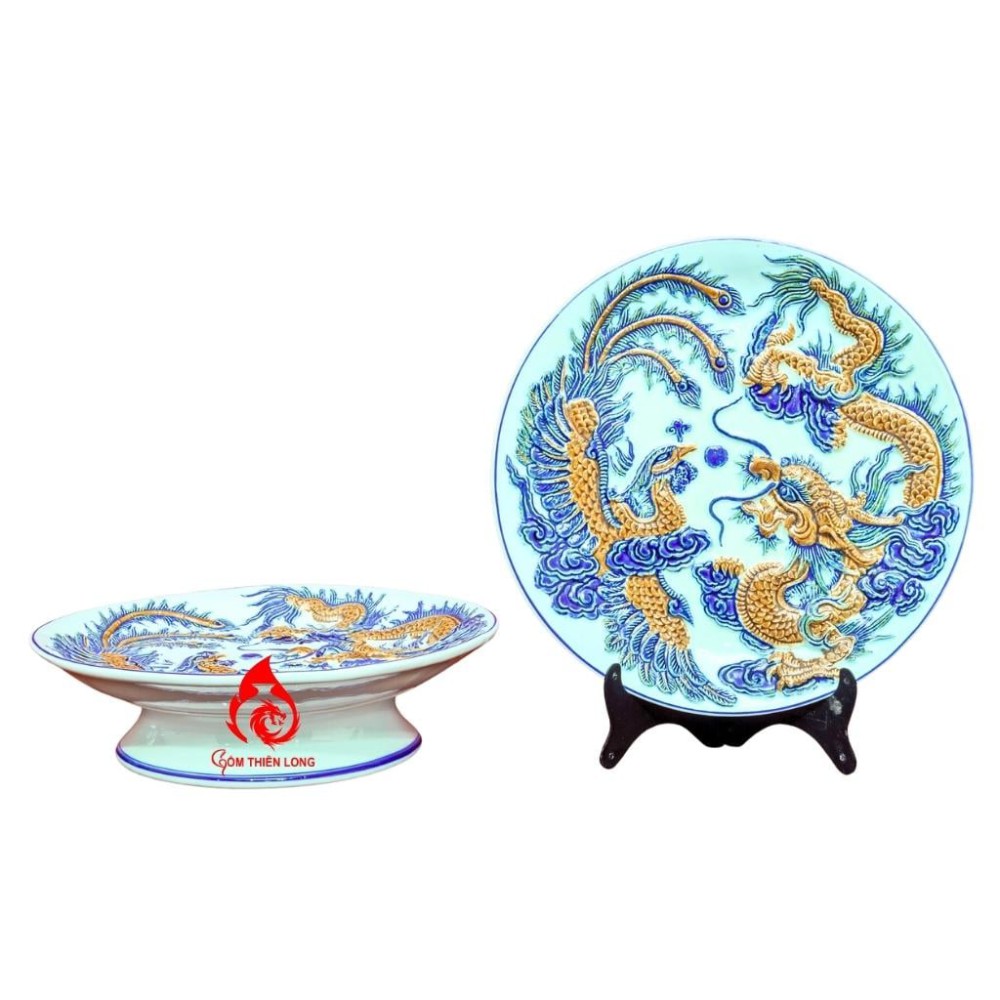 Mâm Bồng Sứ Bát Tràng Men Ngọc Đắp Rồng Phượng 230875
