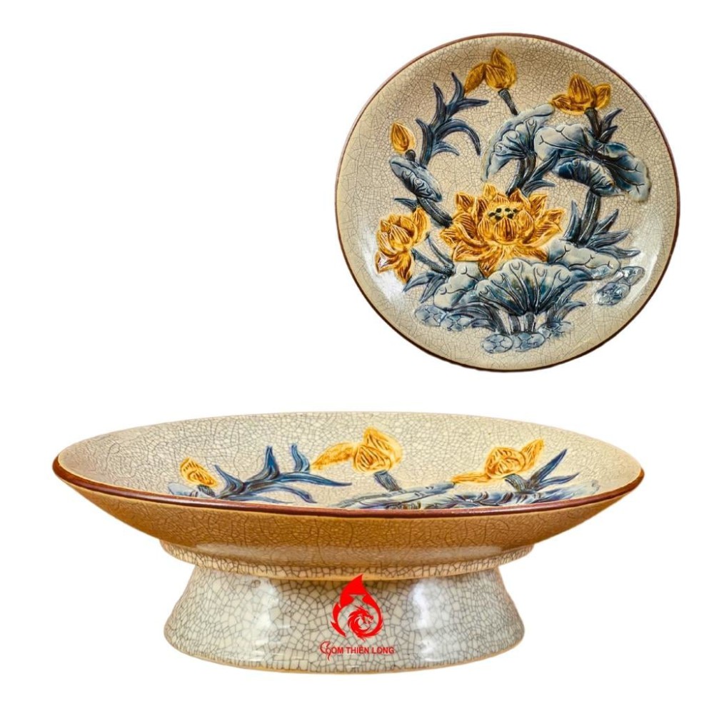 Mâm Bồng Sứ Men Rạn Đắp Sen 230873S