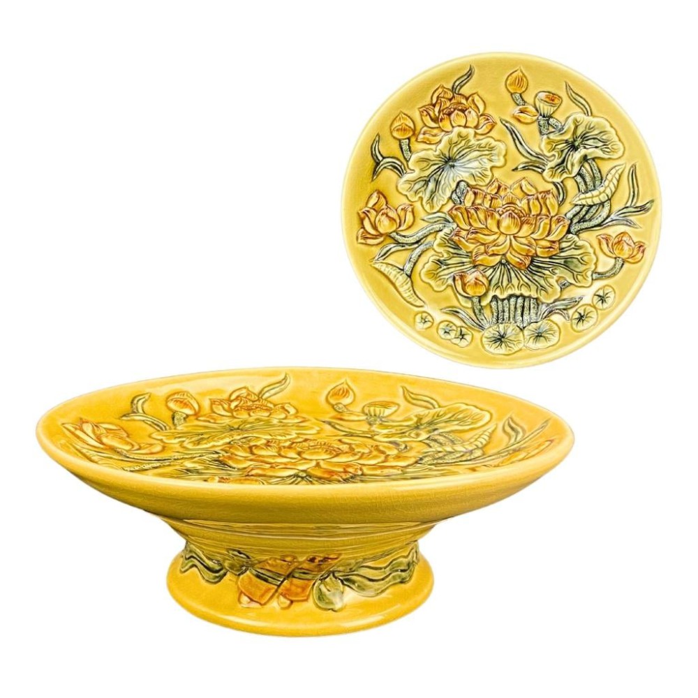 Mâm Bồng Sứ Men Rạn Vàng Hoàng Lưu Ly Đắp Hoa Sen 230883S