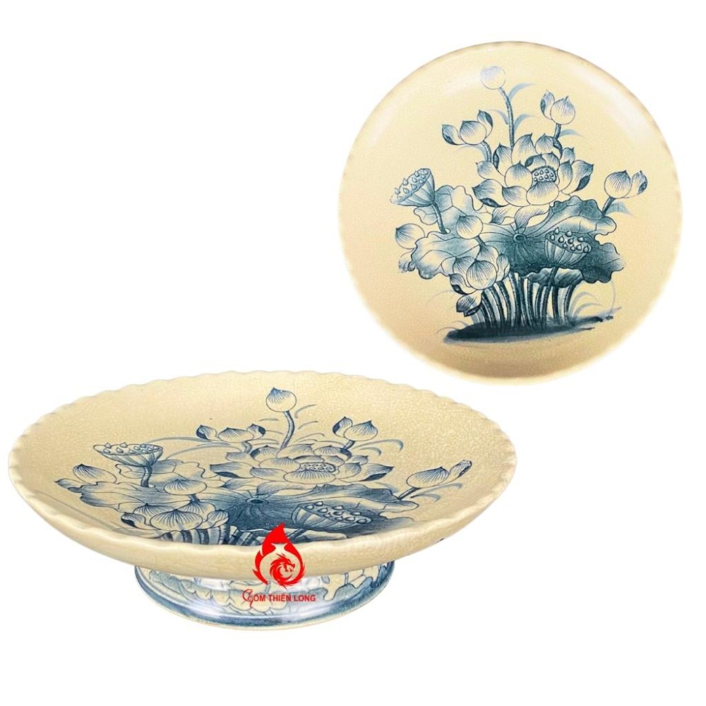Mâm Bồng Sứ Men Rạn Vẽ Hoa Sen 230886S