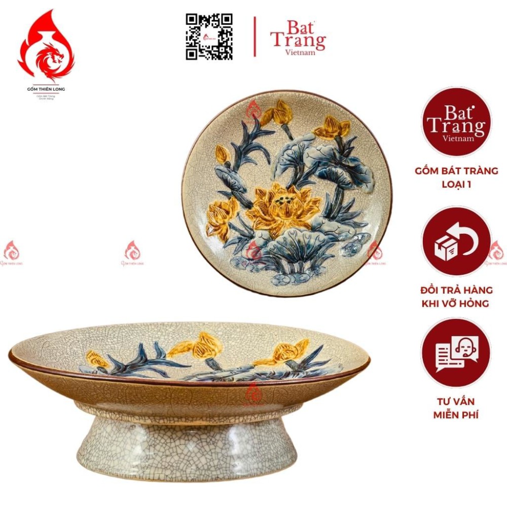 Mâm Bồng Sứ Men Rạn Đắp Sen 230873S