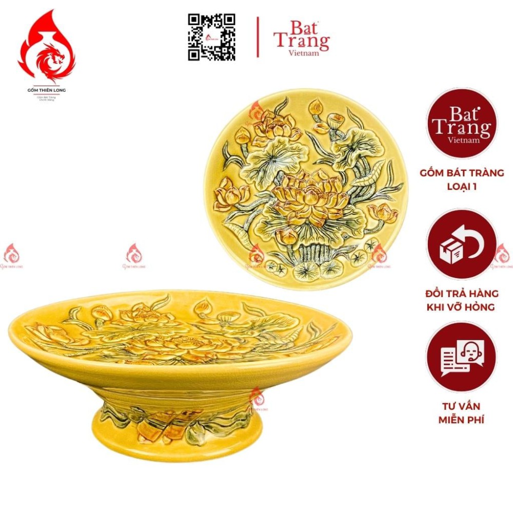 Mâm Bồng Sứ Men Rạn Vàng Hoàng Lưu Ly Đắp Hoa Sen 230883S