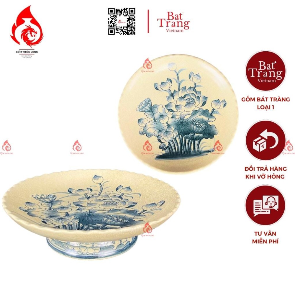 Mâm Bồng Sứ Men Rạn Vẽ Hoa Sen 230886S