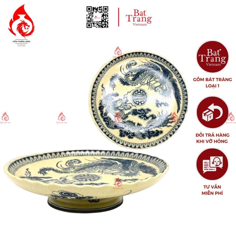 Mâm Bồng Sứ Men Rạn Vẽ Rồng Phượng 230886R