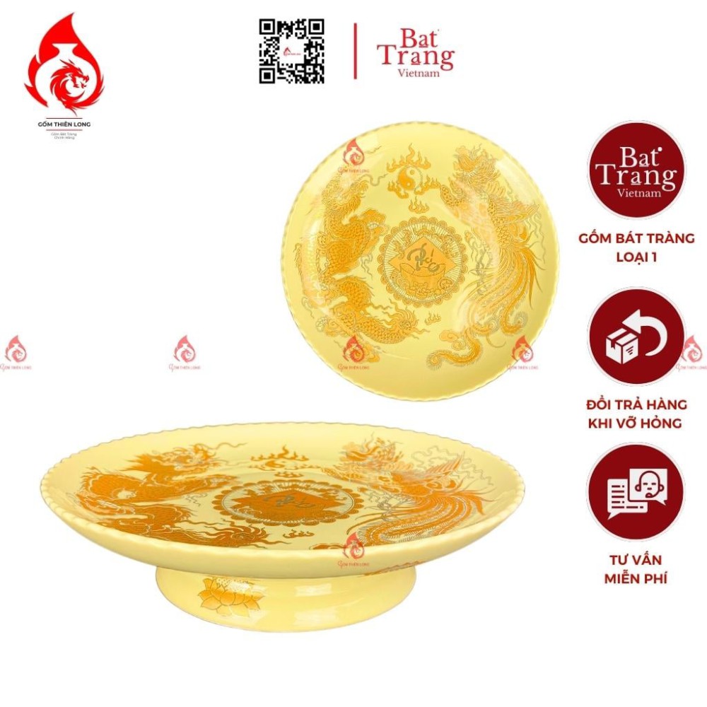 Mâm Bồng Sứ Men Vàng Vẽ Rồng Phượng 230882