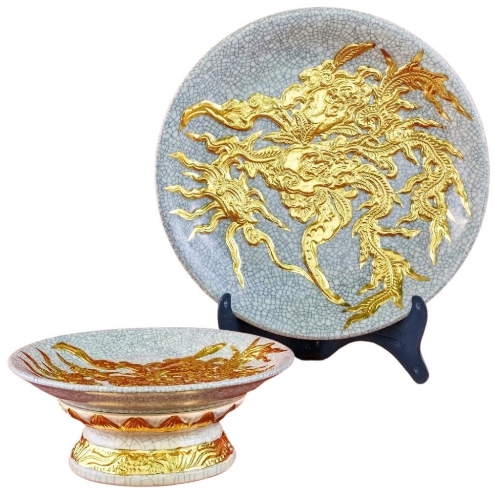 Mâm Bồng Sứ Bát Tràng Men Rạn Đắp Nổi Dát Vàng Phượng Đào 231123