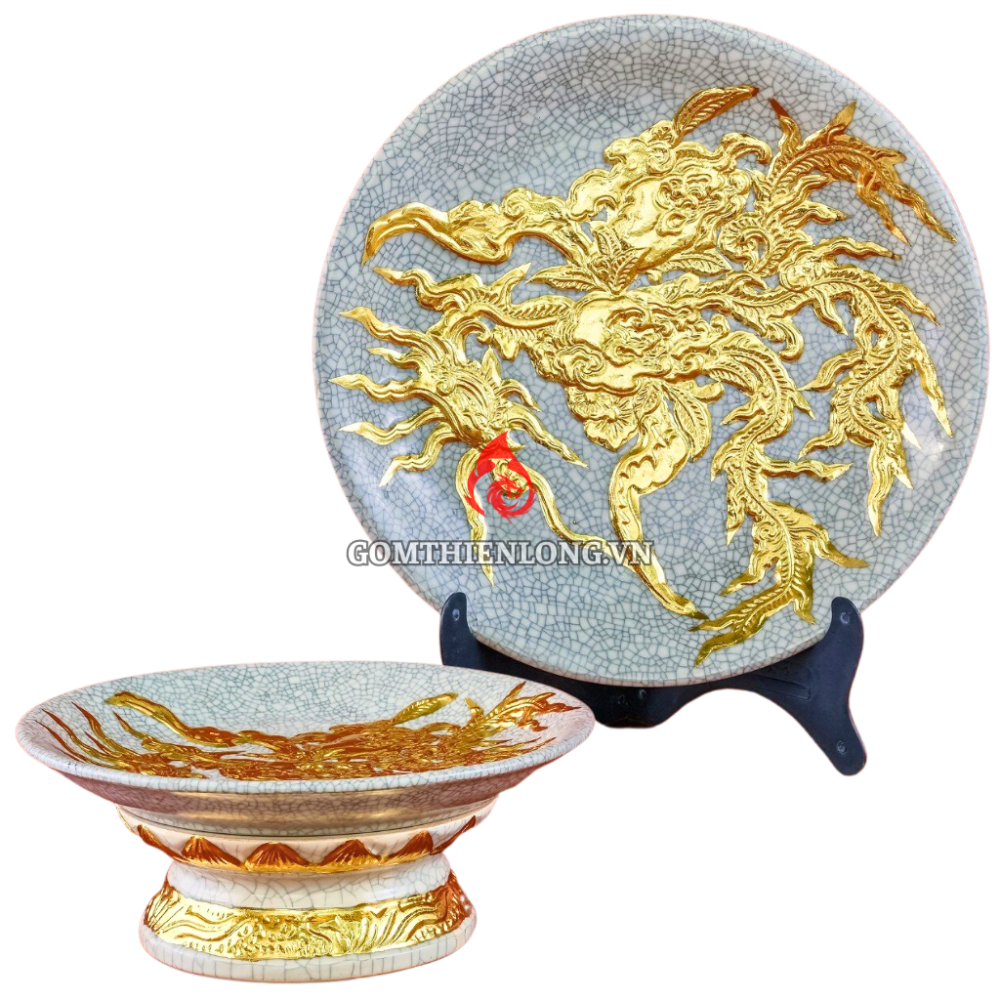 Mâm Bồng Sứ Bát Tràng Men Rạn Đắp Nổi Dát Vàng Phượng Đào 231123