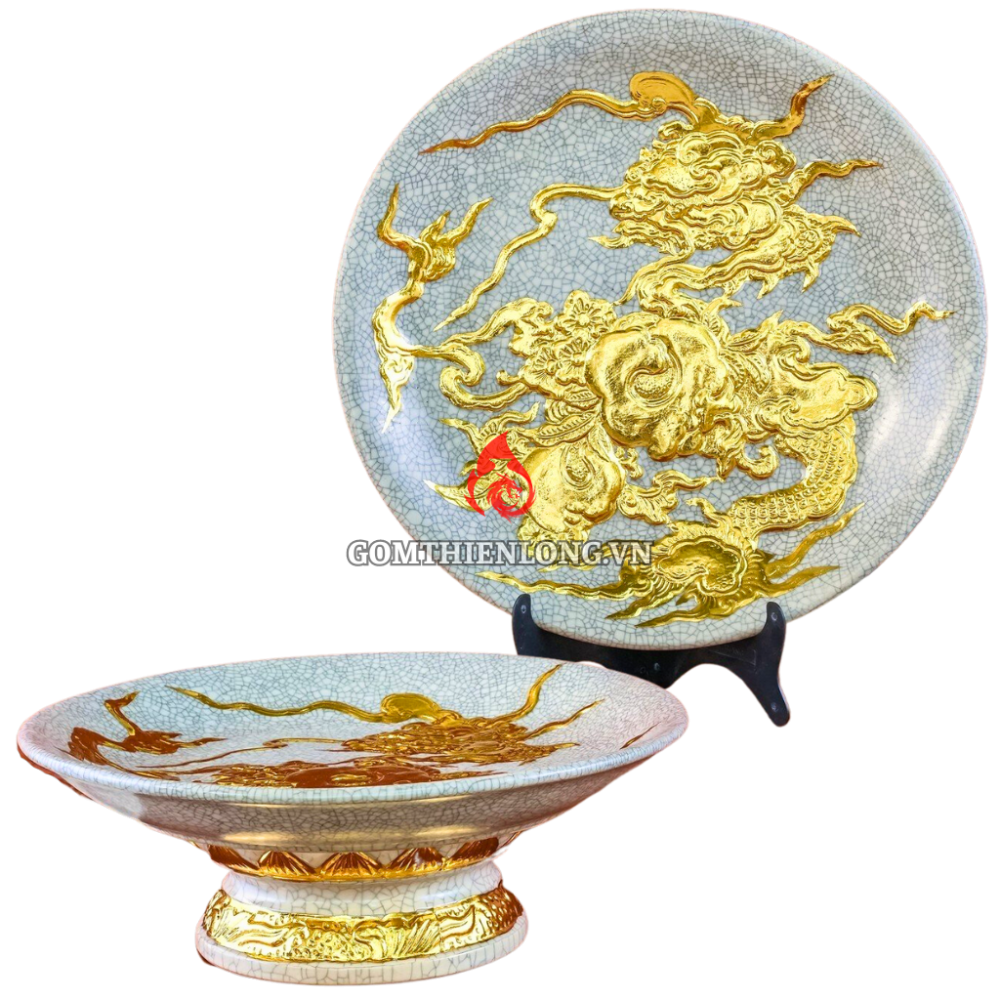 Mâm Bồng Sứ Bát Tràng Men Rạn Đắp Nổi Dát Vàng Long Ẩn 231122