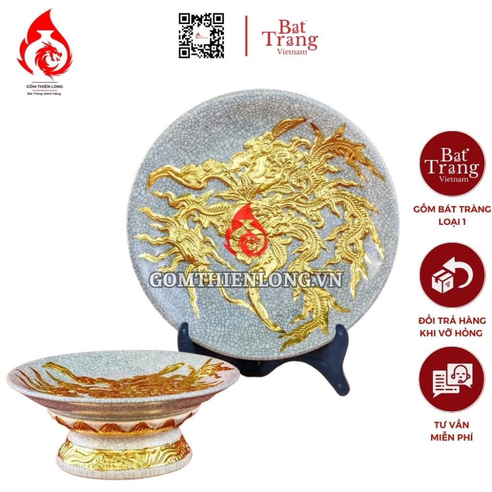 Mâm Bồng Sứ Bát Tràng Men Rạn Đắp Nổi Dát Vàng Phượng Đào 231123