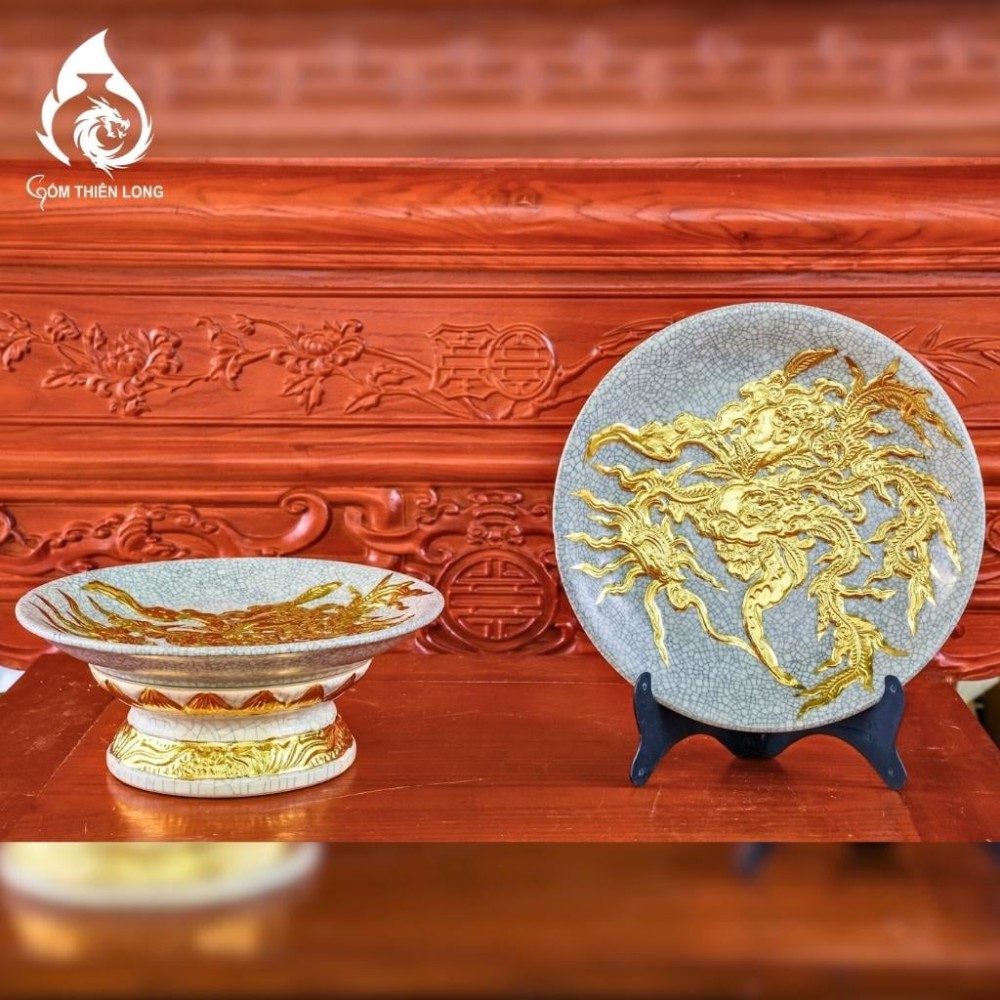 Mâm Bồng Sứ Bát Tràng Men Rạn Đắp Nổi Dát Vàng Phượng Đào 231123